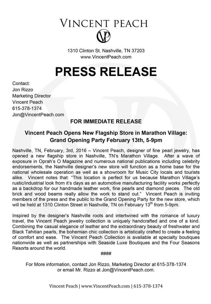 PRESS RELEASE: Vincent Peach Flagship Store Grand Opening February 13th, 5-9pm
