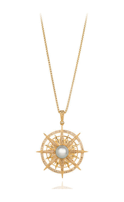 Gold Compass Pearl & Diamond Necklace by Vincent Peach