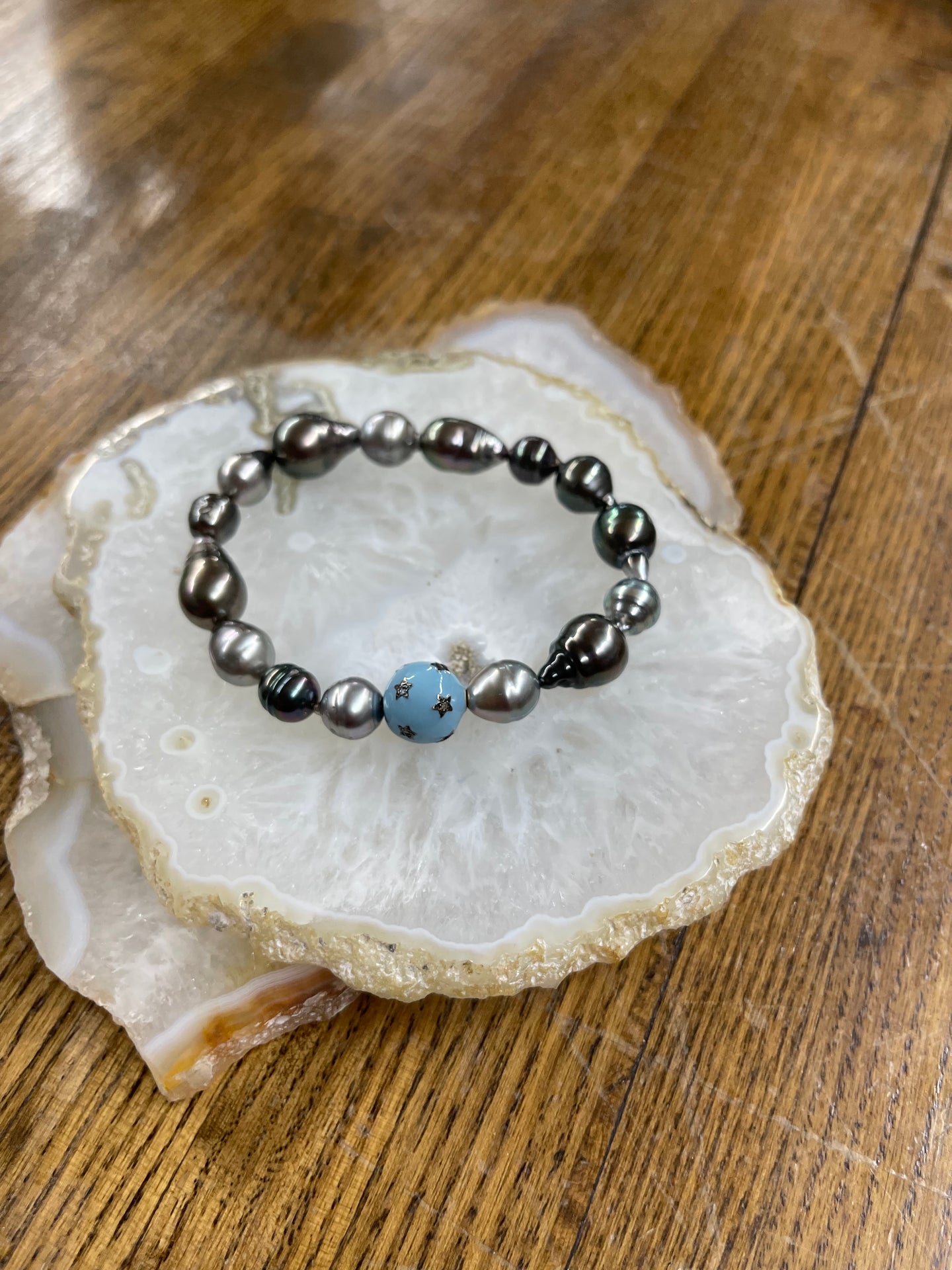 Tahitian Pearl Stretch Bracelet-Diamond Star Blue Bead - Vincent Peach Fine Jewelry
