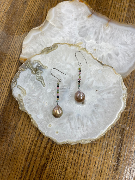 Pink Pearl and Tourmaline Earrings