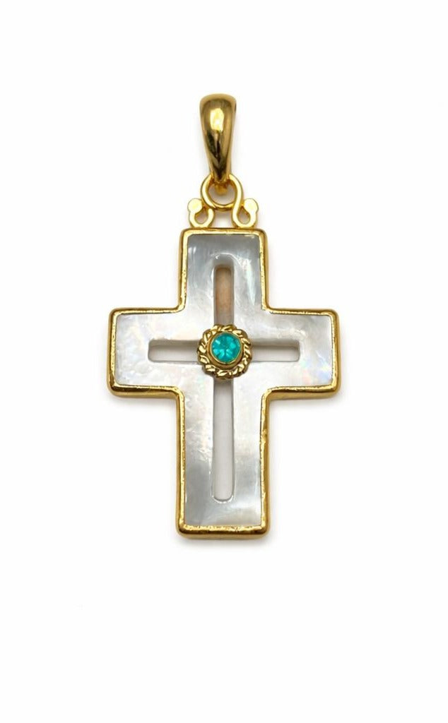Celestial Emerald Cross Pendant | Mother-of-Pearl, front