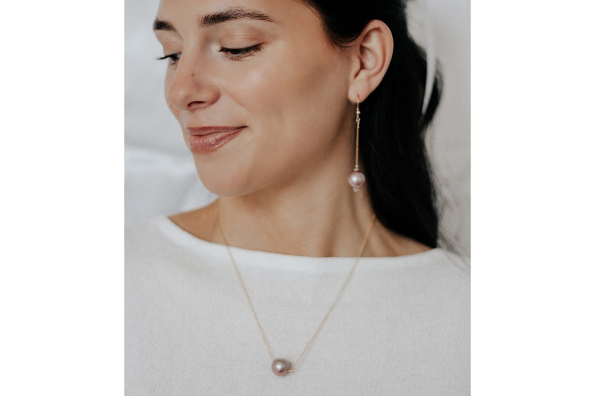 Pink Pearl Biltmore Chain Drop Earrings by Vincent Peach, view 2