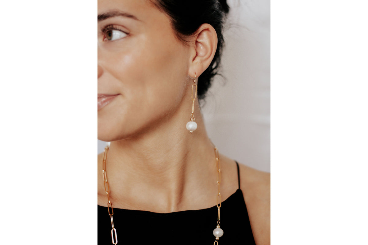 Freshwater Pearl Paperclip Chain Earrings by Vincent Peach, view 2
