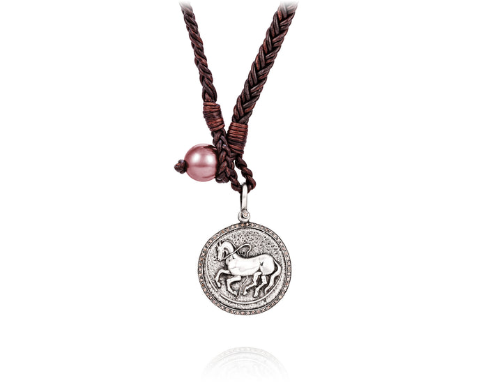 Diamond Trojan Coin Necklace | Pink Pearl