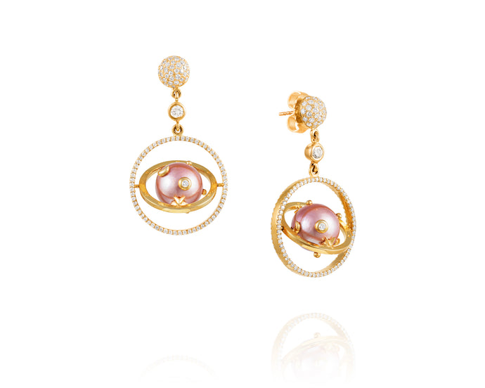 Pink Pearl Armillary Diamond Earrings - Vincent Peach Fine Jewelry