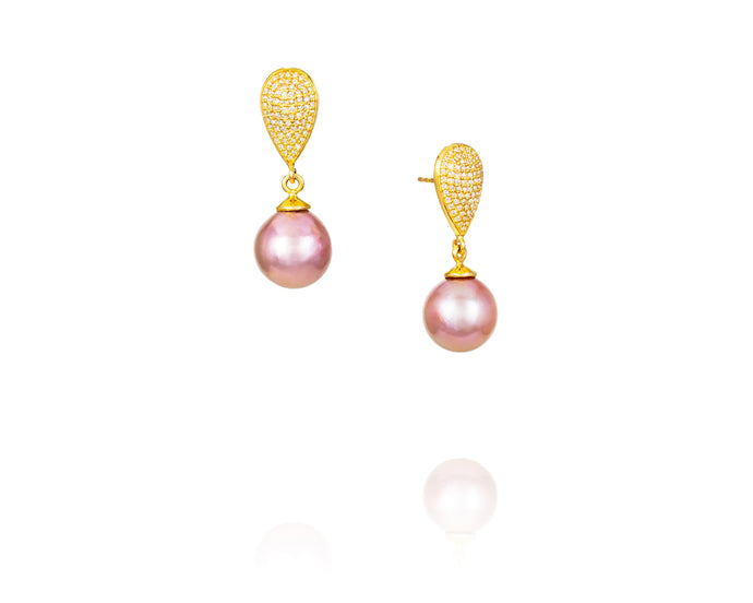 14kt Gold Teardrop Pink Pearl .78ct Diamond Earrings