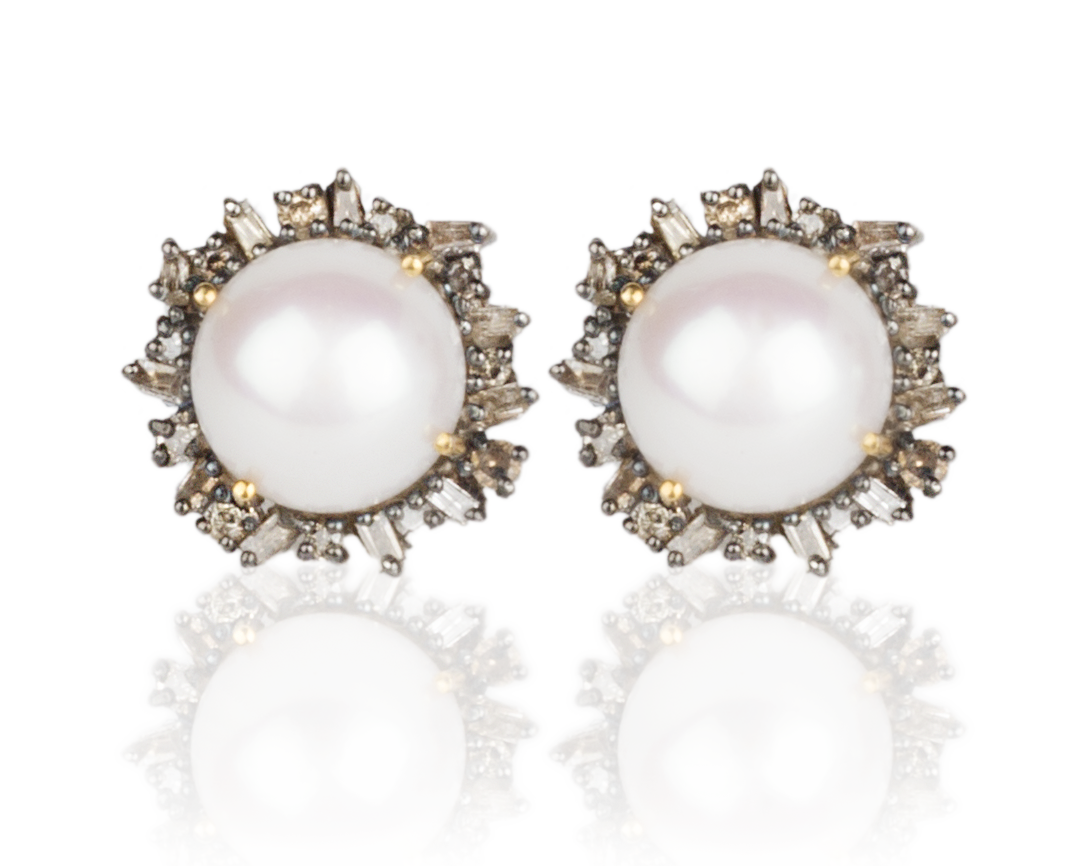 champagne and brown colored diamond and pearl earrings with 14 kt gold post by Vincent Peach Fine Jewelry