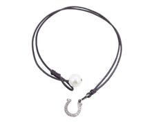 Diamond Horseshoe Charm Necklace handmade with brown leather and white freshwater pearl