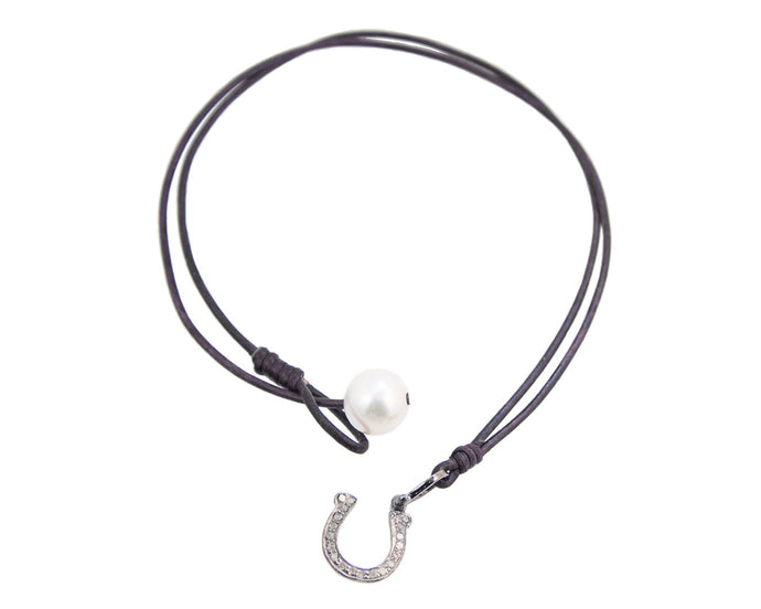 Diamond Horseshoe Charm Necklace handmade with brown leather and white freshwater pearl