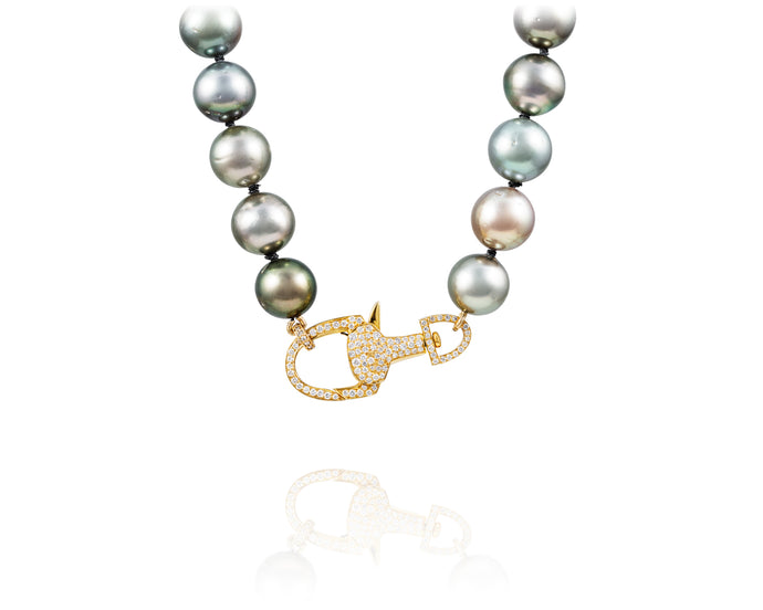Tahitian Pearl necklace with diamond signature VP equestrian clasp - Vincent Peach Fine Jewelry