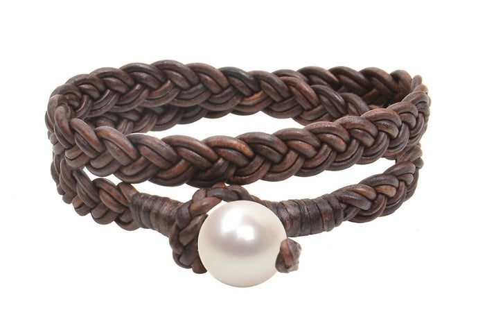 Womens Double Wrap Flat Braid Bracelet, Freshwater - Hottest Designer Pearl and Leather Jewelry | VINCENT PEACH
